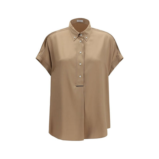 Brunello Cucinelli Beige Silk Short Sleeve Shirt