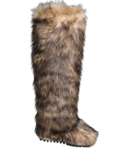 Dolce & Gabbana Brown Faux Ski Fur Knee High Boots