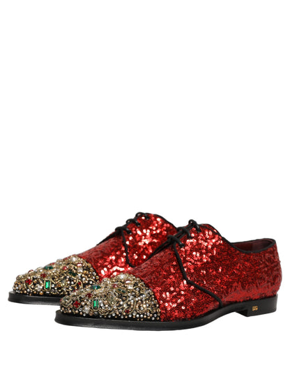 Dolce & Gabbana Red Sequin Embellished Men's Derby Dress Shoes