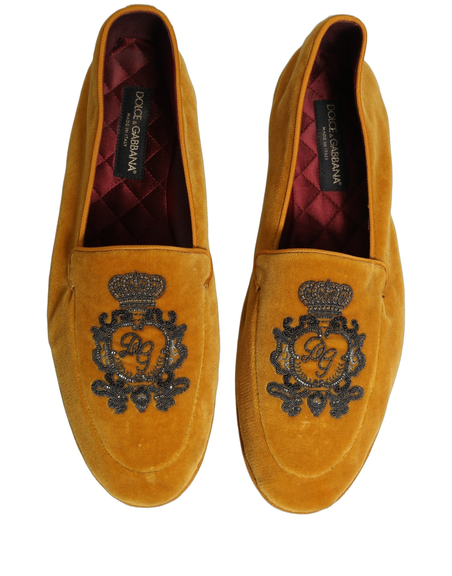 Dolce & Gabbana Yellow Velvet Crown Embroidery Loafers