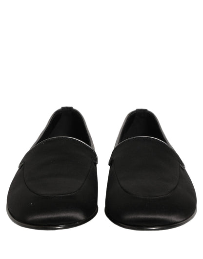 Dolce & Gabbana Black Satin Logo Slip On Flats Loafers