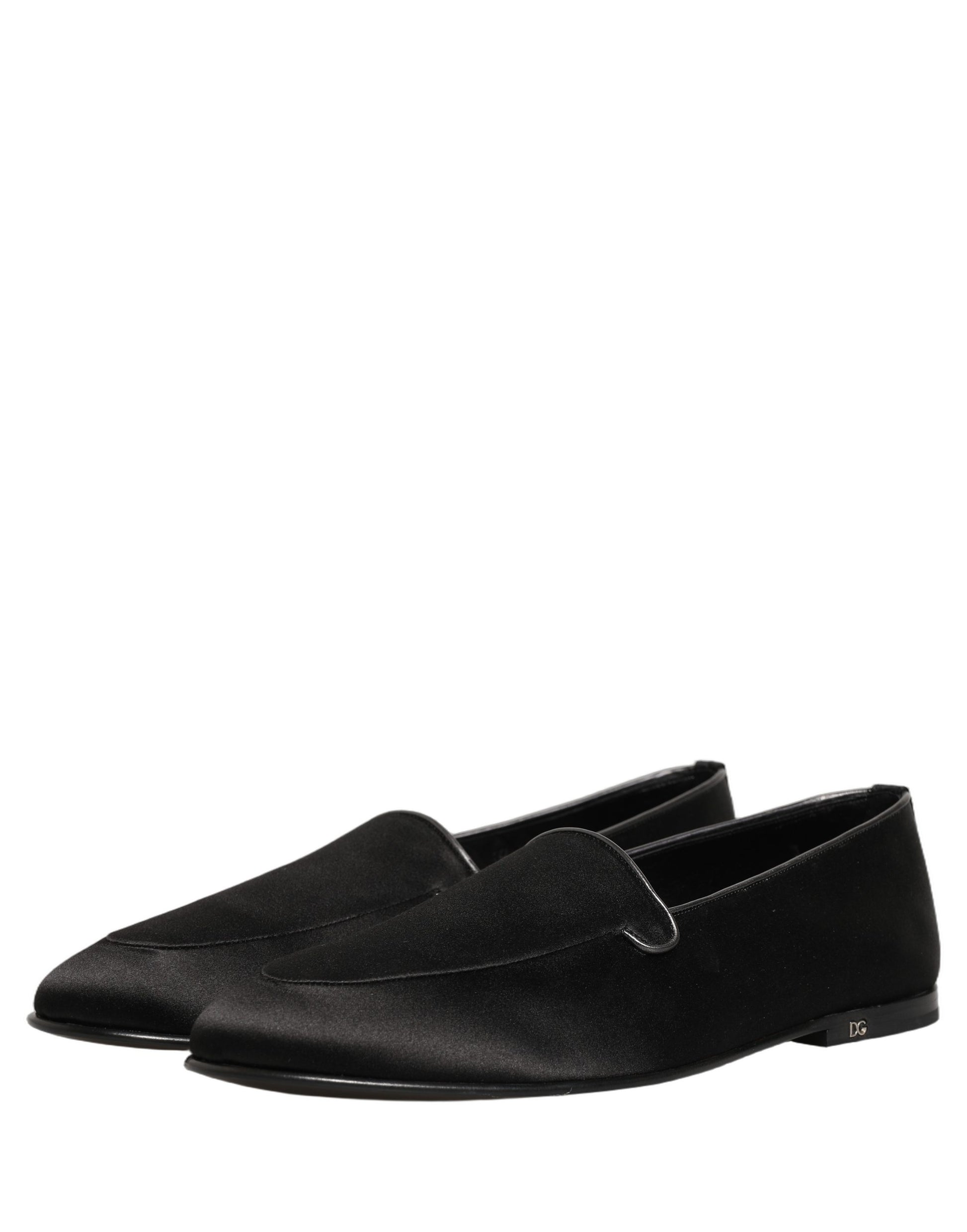 Dolce & Gabbana Black Satin Logo Slip On Flats Loafers
