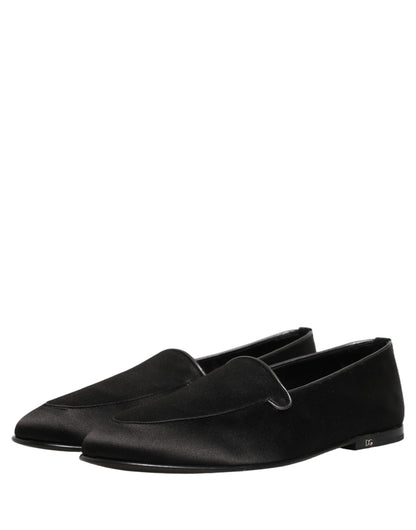Dolce & Gabbana Black Satin Logo Slip On Flats Loafers