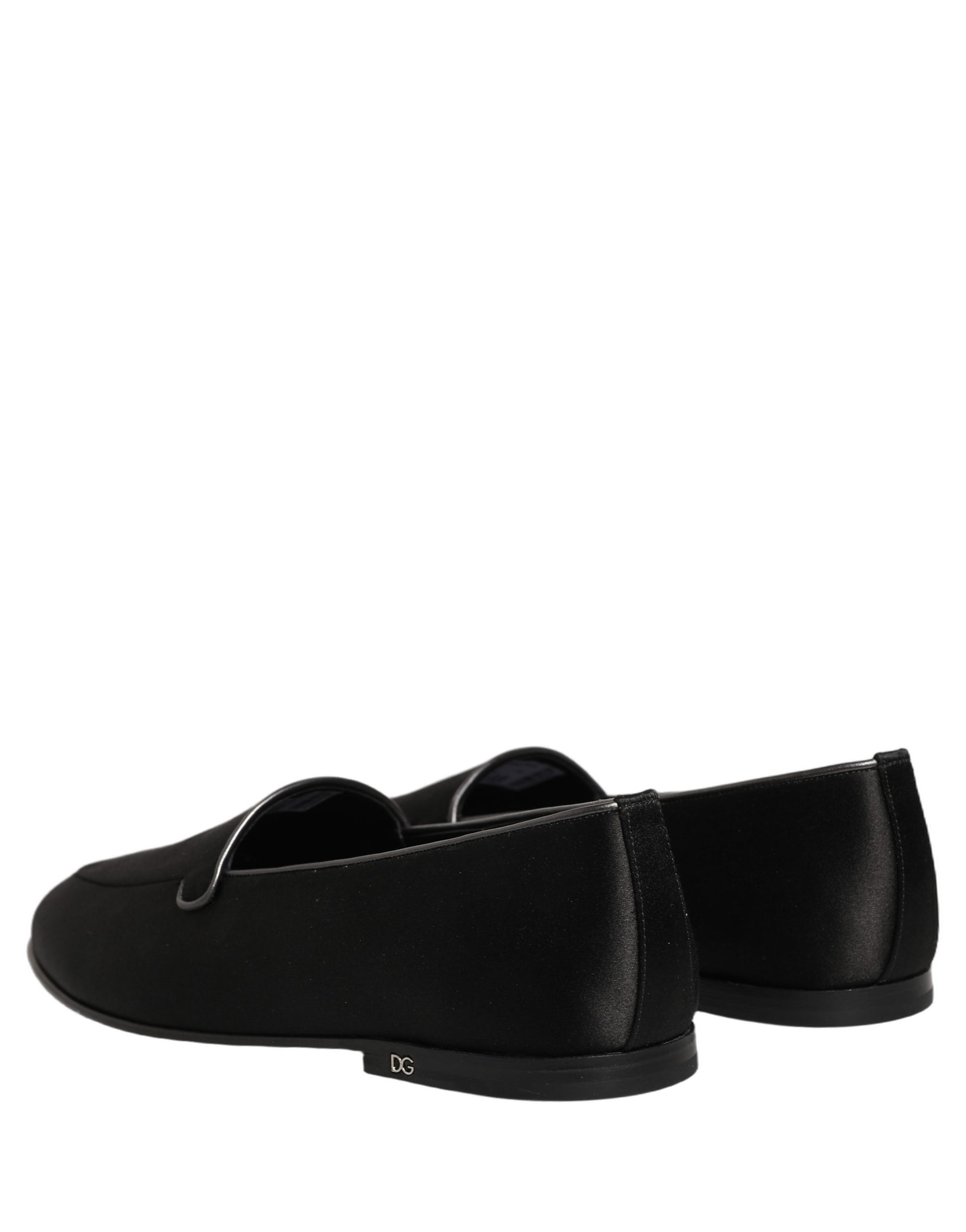 Dolce & Gabbana Black Satin Logo Slip On Flats Loafers