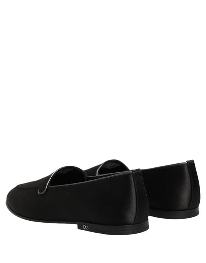 Dolce & Gabbana Black Satin Logo Slip On Flats Loafers