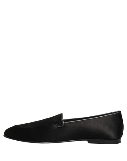 Dolce & Gabbana Black Satin Logo Slip On Flats Loafers