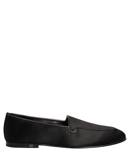 Dolce & Gabbana Black Satin Logo Slip On Flats Loafers