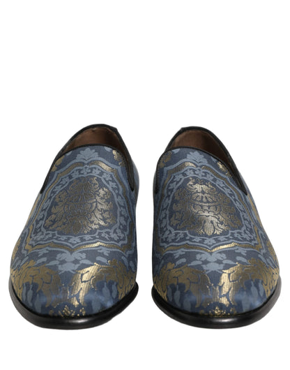 Dolce & Gabbana Blue Floral Brocade Slip On Loafers