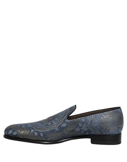 Dolce & Gabbana Blue Floral Brocade Slip On Loafers