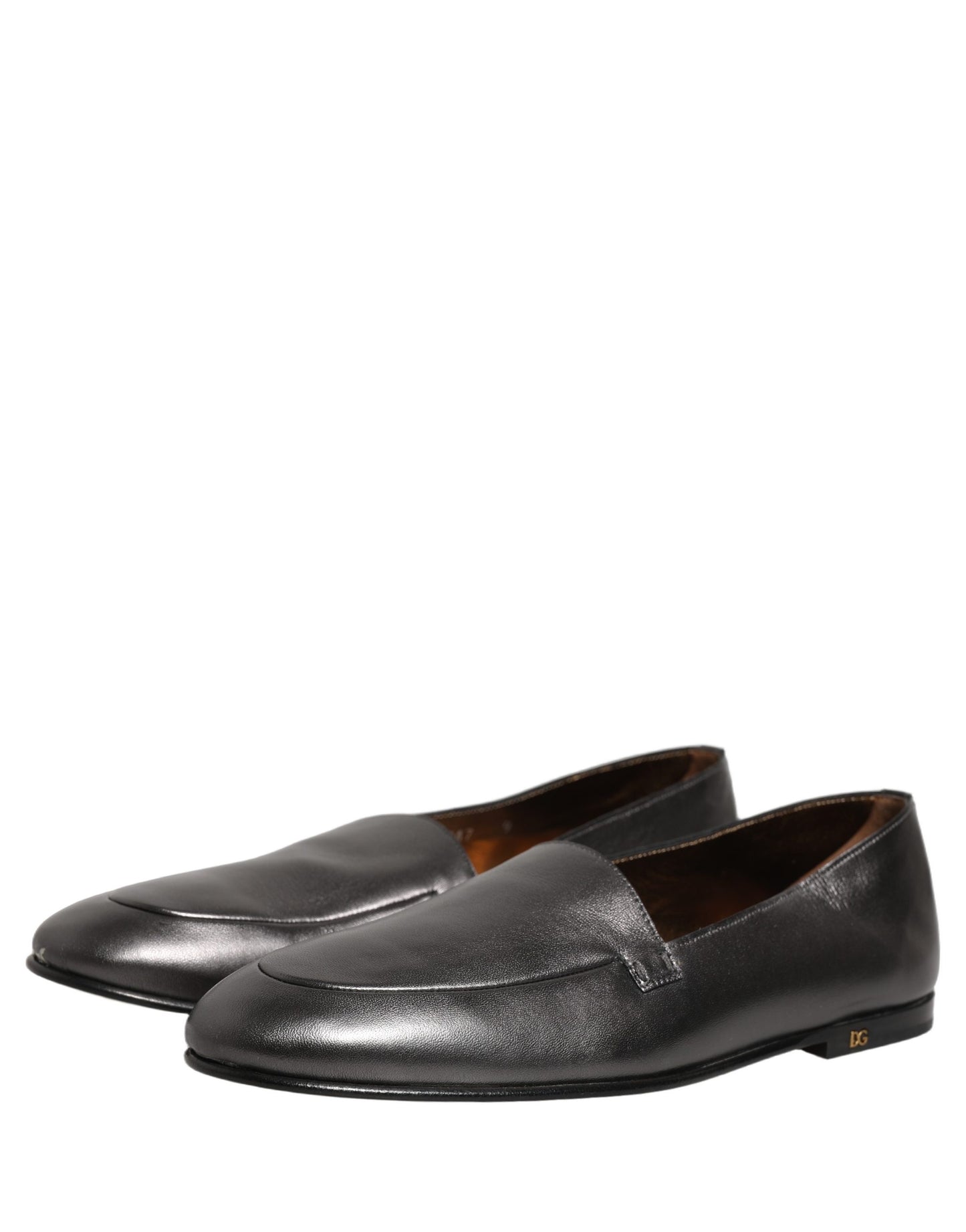 Dolce & Gabbana Silver Leather DG Logo Slip On Loafers