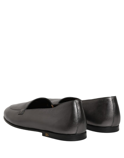 Dolce & Gabbana Silver Leather DG Logo Slip On Loafers