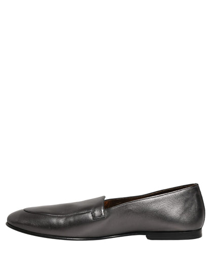Dolce & Gabbana Silver Leather DG Logo Slip On Loafers