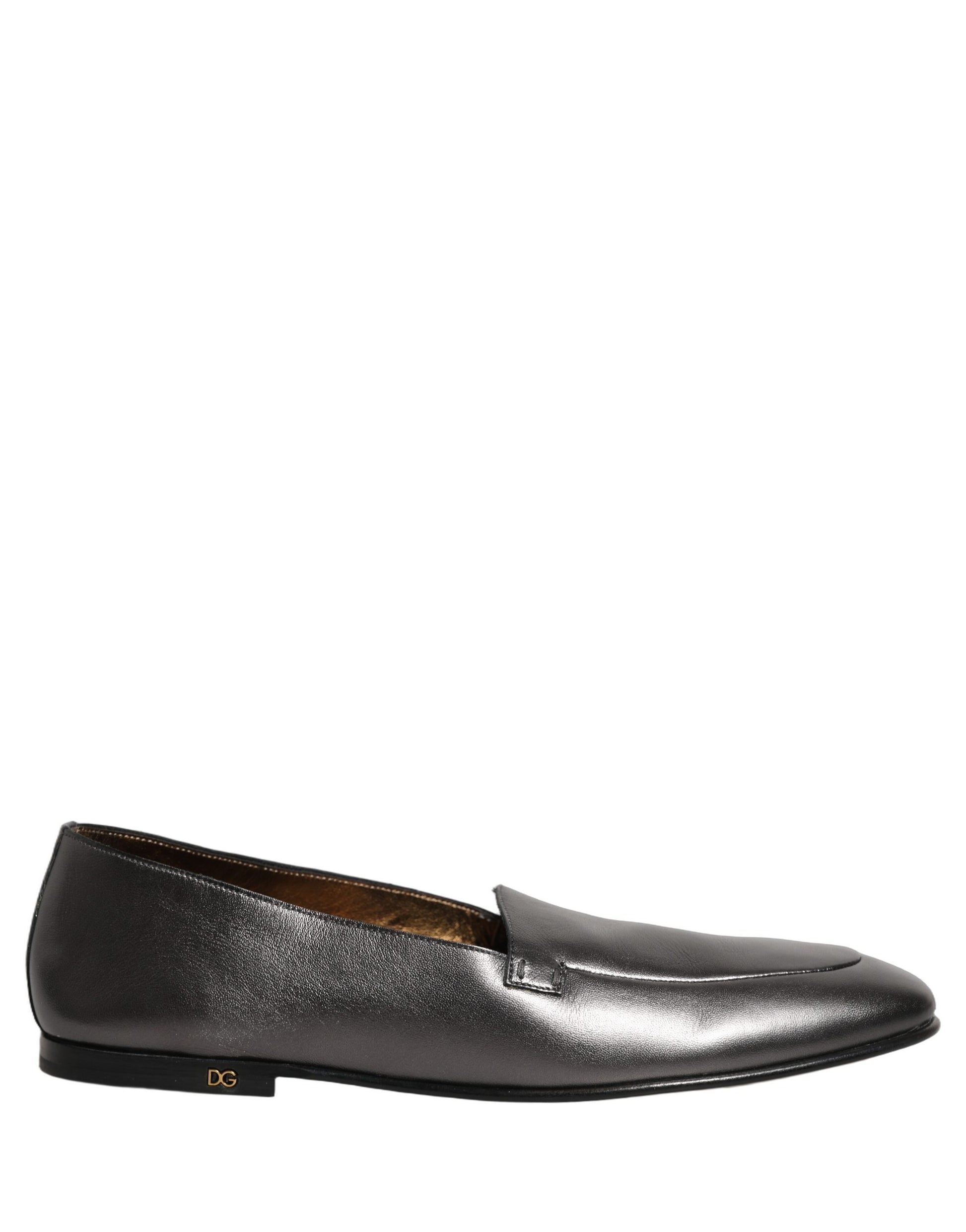 Dolce & Gabbana Silver Leather DG Logo Slip On Loafers