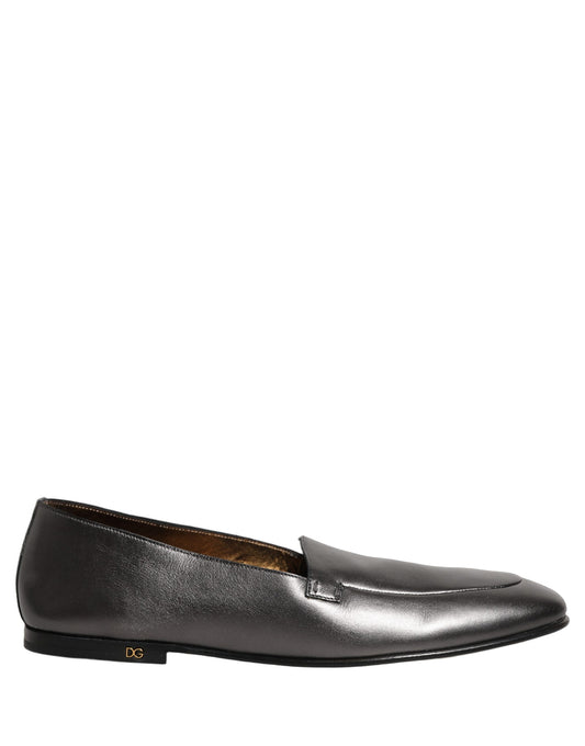 Dolce & Gabbana Silver Leather DG Logo Slip On Loafers