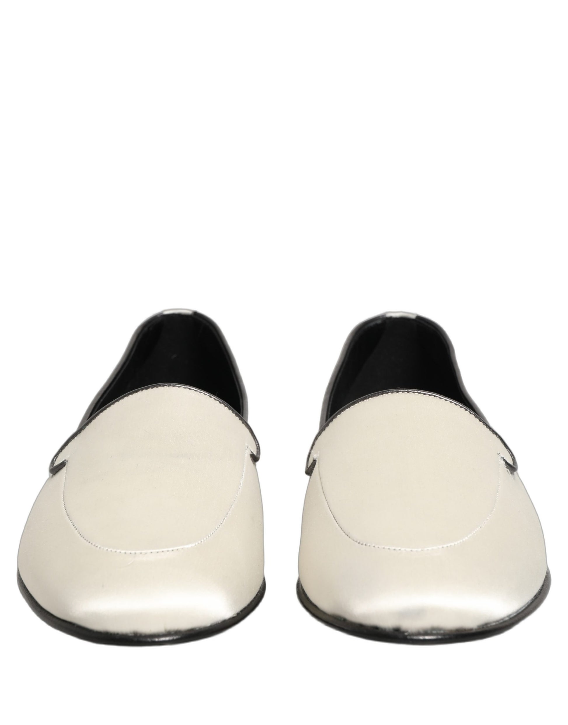 Dolce & Gabbana White Satin Logo Slip-On Flats Loafers Shoes