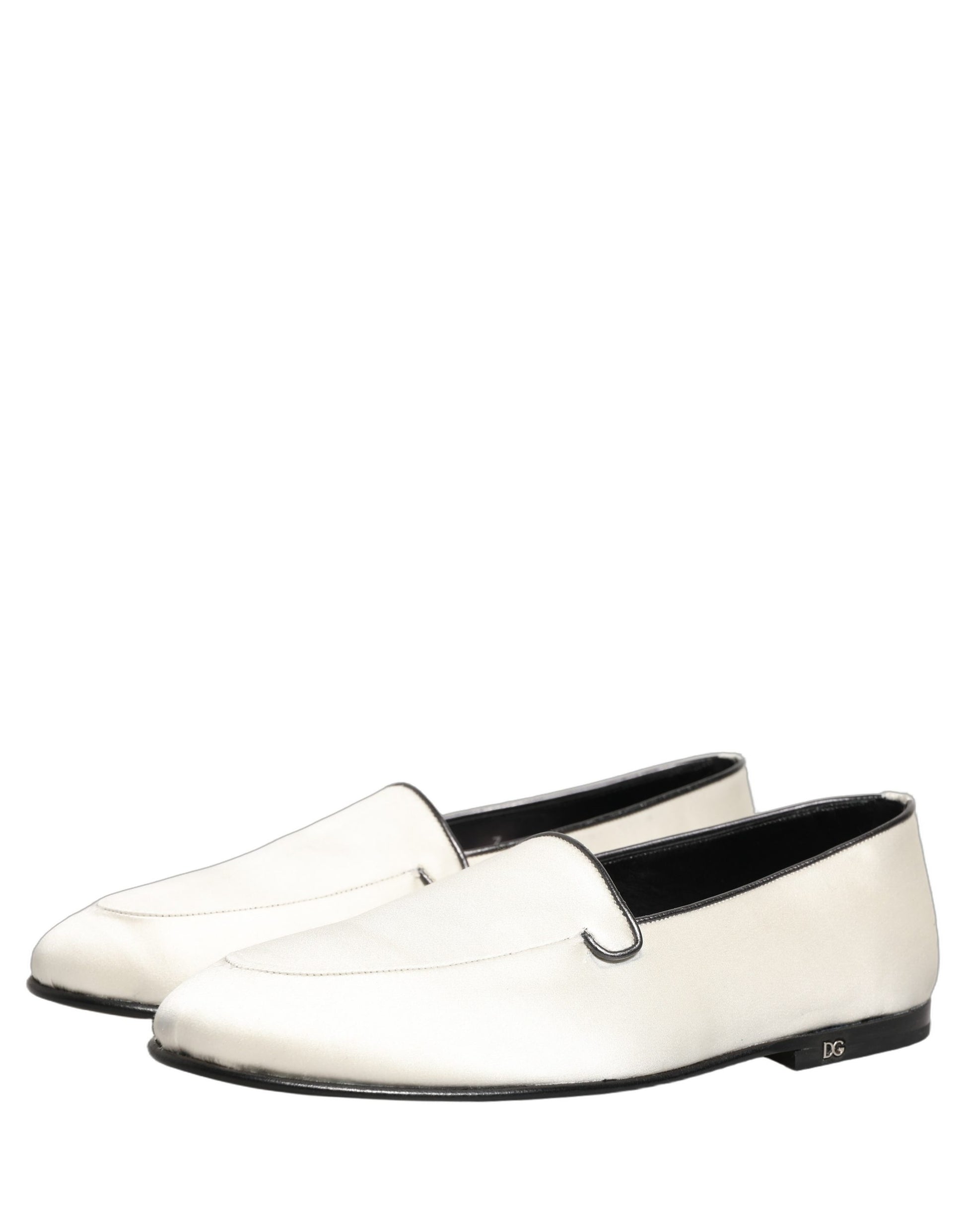 Dolce & Gabbana White Satin Logo Slip-On Flats Loafers Shoes