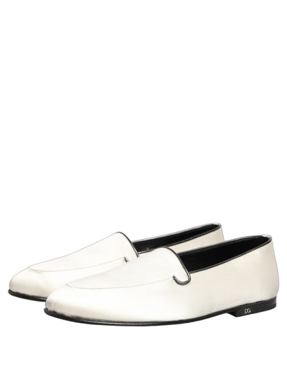Dolce & Gabbana White Satin Logo Slip-On Flats Loafers Shoes