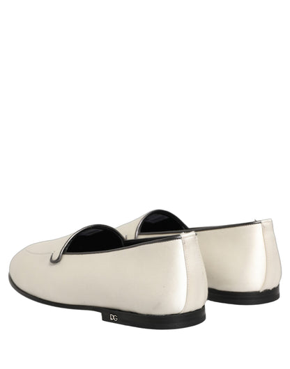 Dolce & Gabbana White Satin Logo Slip-On Flats Loafers Shoes