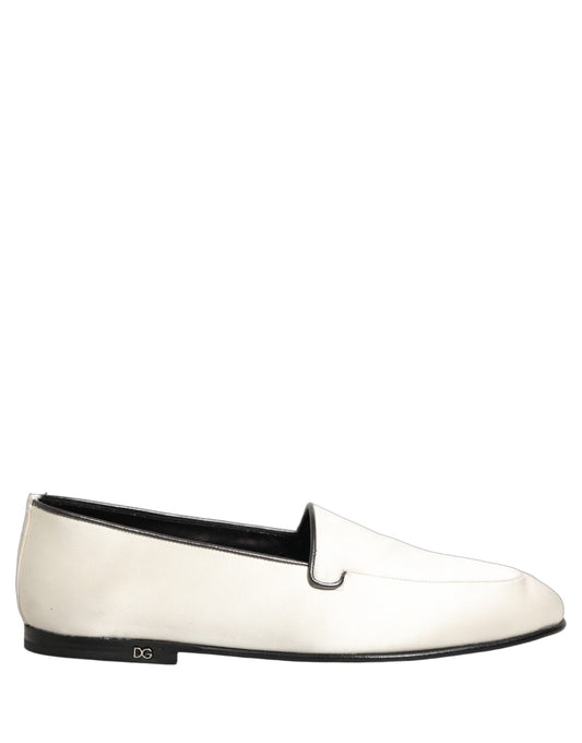 Dolce & Gabbana White Satin Logo Slip-On Flats Loafers Shoes