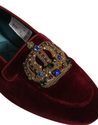 Dolce & Gabbana Burgundy Velvet Crown Slip On Loafers