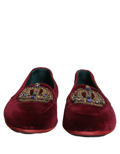 Dolce & Gabbana Burgundy Velvet Crown Slip On Loafers