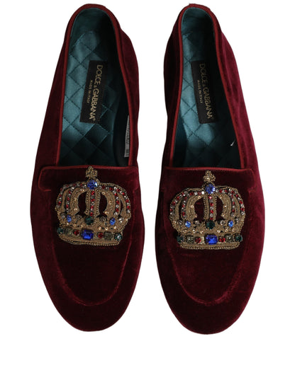 Dolce & Gabbana Burgundy Velvet Crown Slip On Loafers