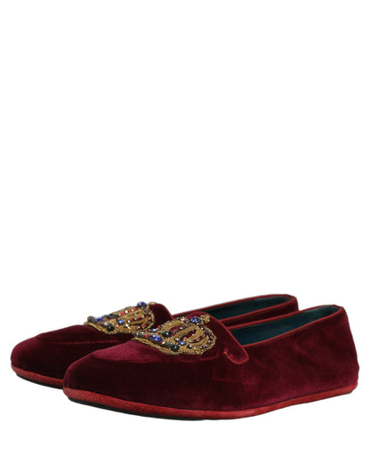 Dolce & Gabbana Burgundy Velvet Crown Slip On Loafers