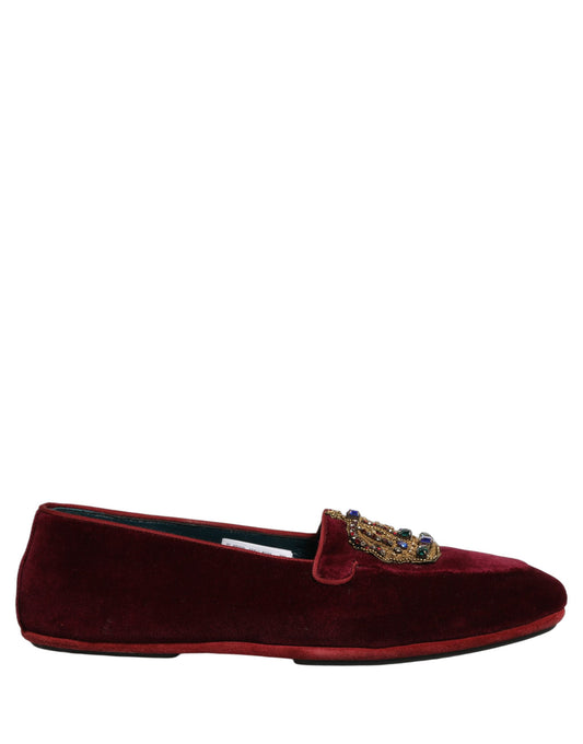 Dolce & Gabbana Burgundy Velvet Crown Slip On Loafers