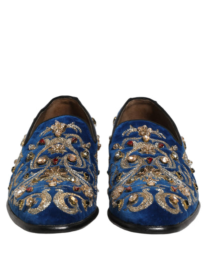 Dolce & Gabbana Blue Velvet Embellished Dress Loafers