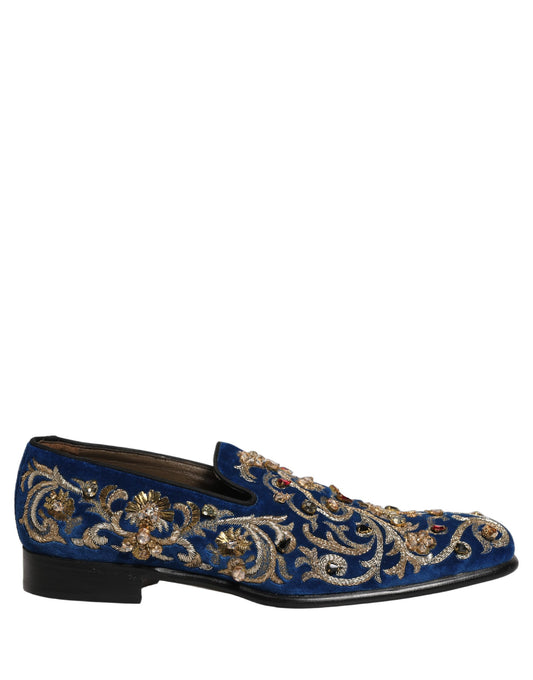Dolce & Gabbana Blue Velvet Embellished Dress Loafers