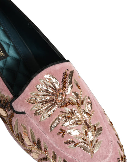 Dolce & Gabbana Pink Velvet Floral Embroidery Loafers