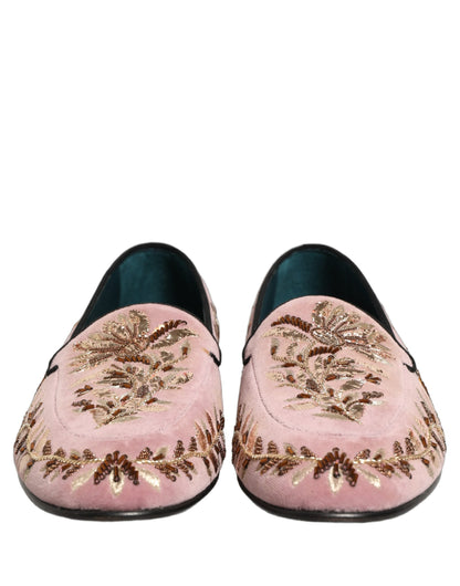Dolce & Gabbana Pink Velvet Floral Embroidery Loafers