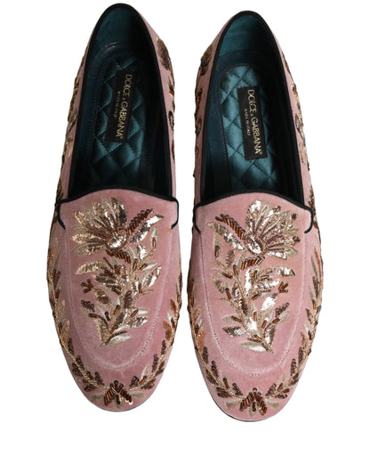 Dolce & Gabbana Pink Velvet Floral Embroidery Loafers