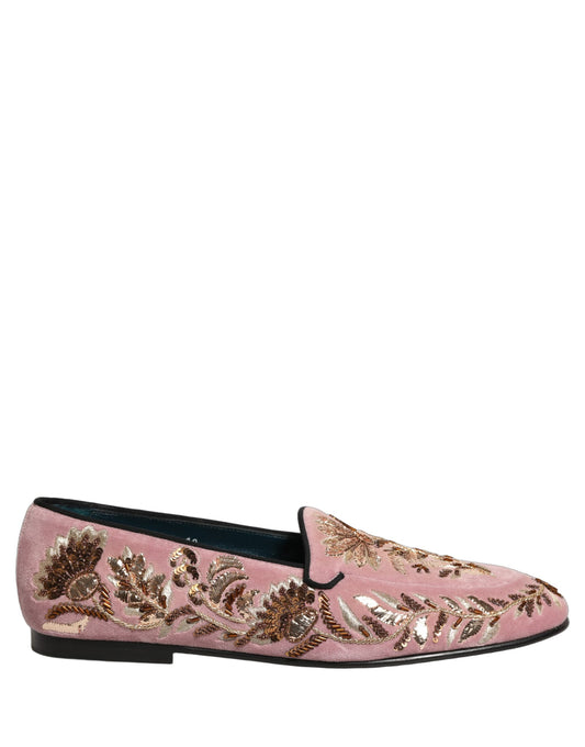 Dolce & Gabbana Pink Velvet Floral Embroidery Loafers