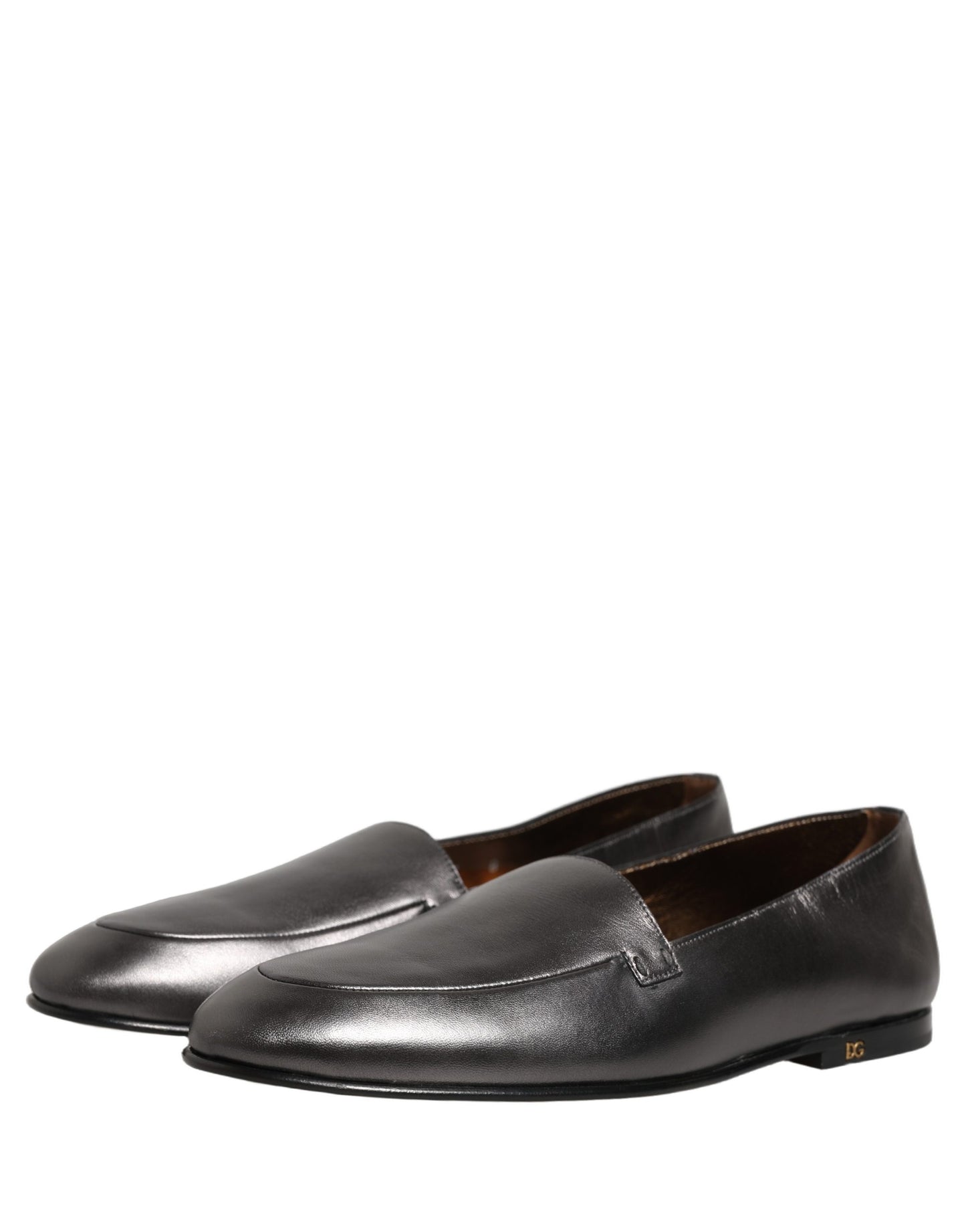 Dolce & Gabbana Silver Leather DG Logo Slip On Loafers