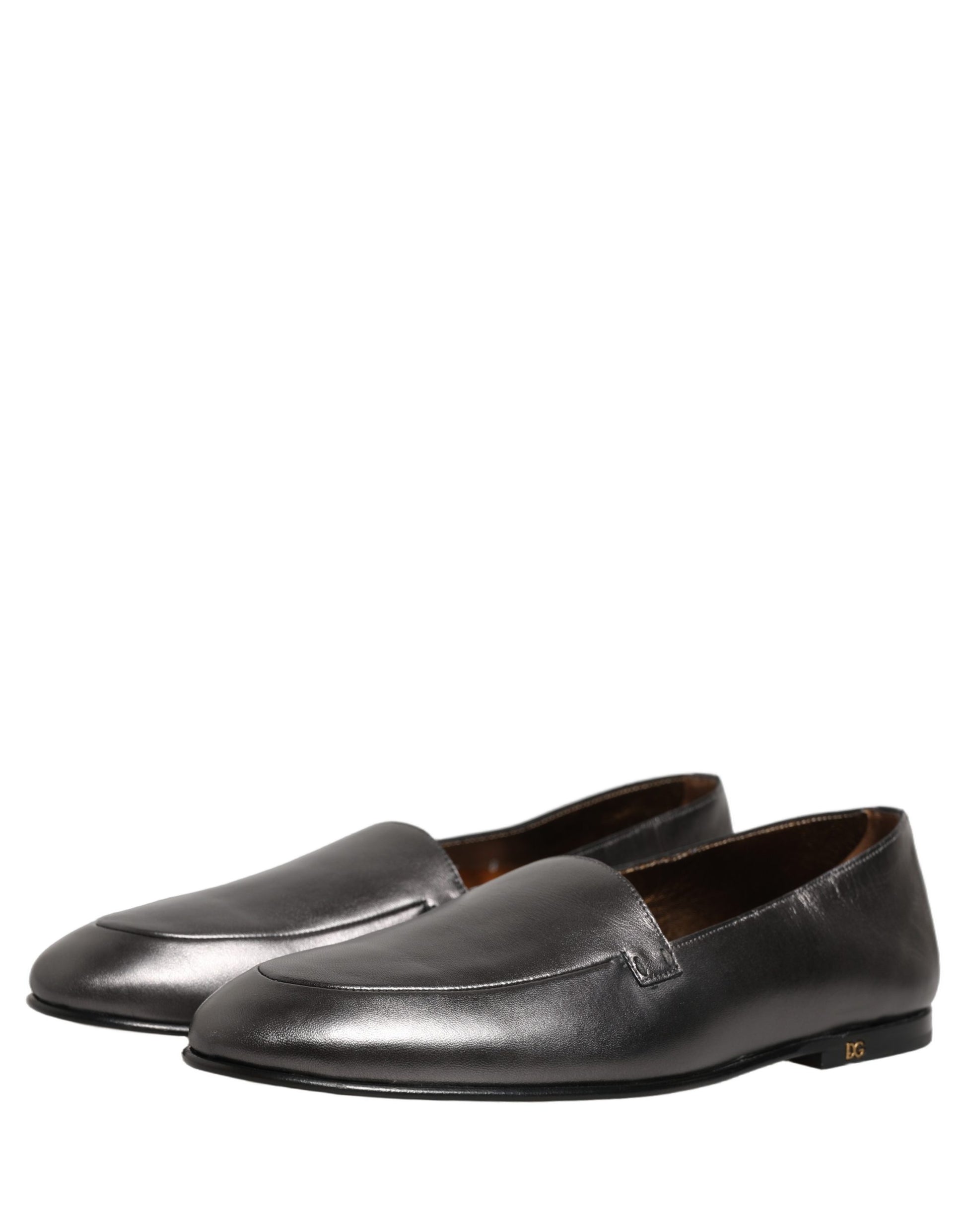 Dolce & Gabbana Silver Leather DG Logo Slip On Loafers