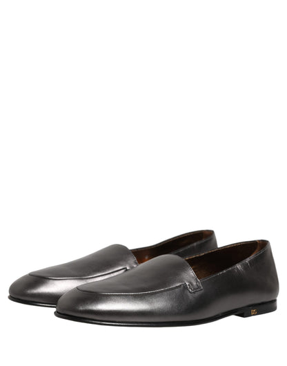 Dolce & Gabbana Silver Leather DG Logo Slip On Loafers