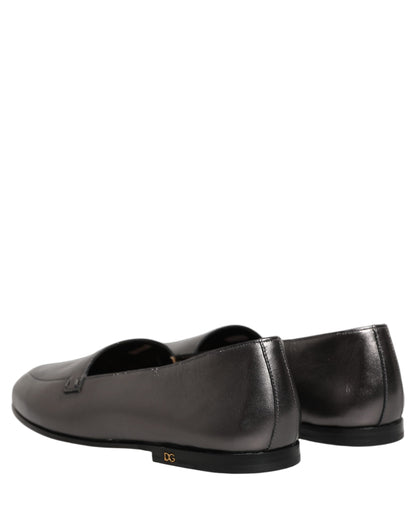 Dolce & Gabbana Silver Leather DG Logo Slip On Loafers