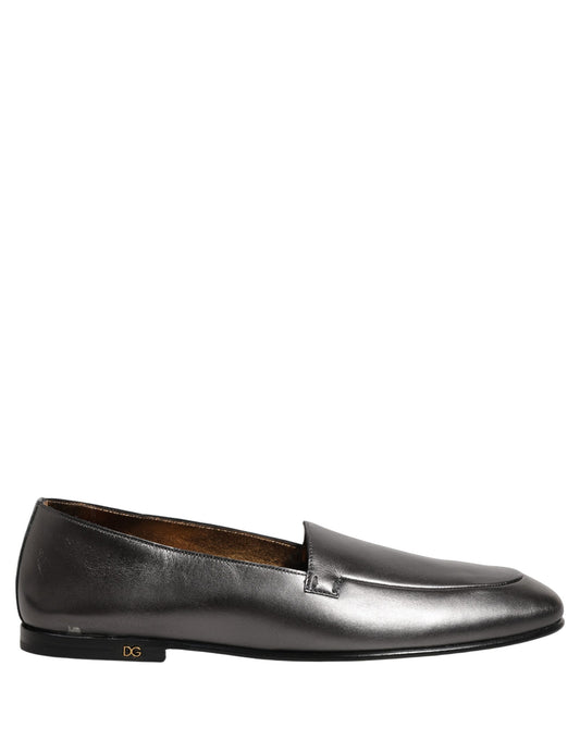 Dolce & Gabbana Silver Leather DG Logo Slip On Loafers