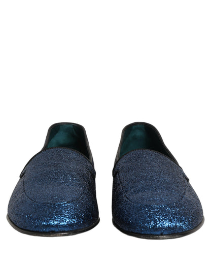 Dolce & Gabbana Blue Glitter Lurex DG Logo Loafers