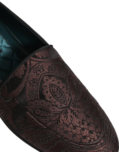 Dolce & Gabbana Maroon Jacquard Leather Slip On Loafers