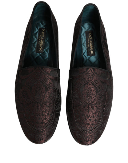 Dolce & Gabbana Maroon Jacquard Leather Slip On Loafers