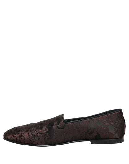 Dolce & Gabbana Maroon Jacquard Leather Slip On Loafers