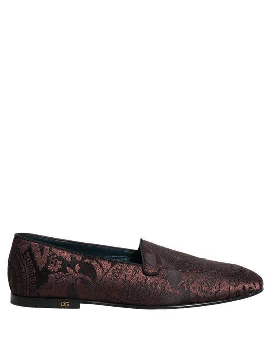 Dolce & Gabbana Maroon Jacquard Leather Slip On Loafers