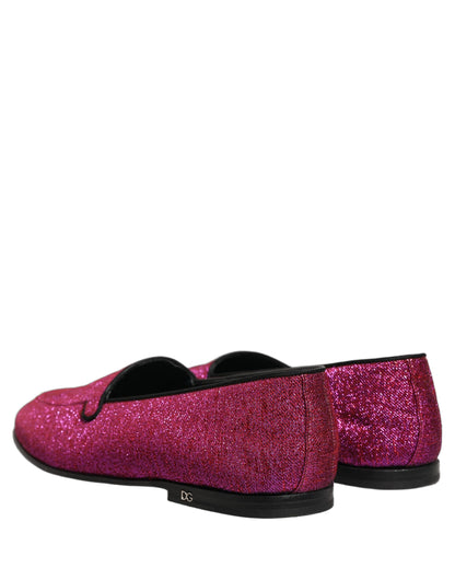 Dolce & Gabbana Pink Glitter Lurex Logo Loafers Shoes