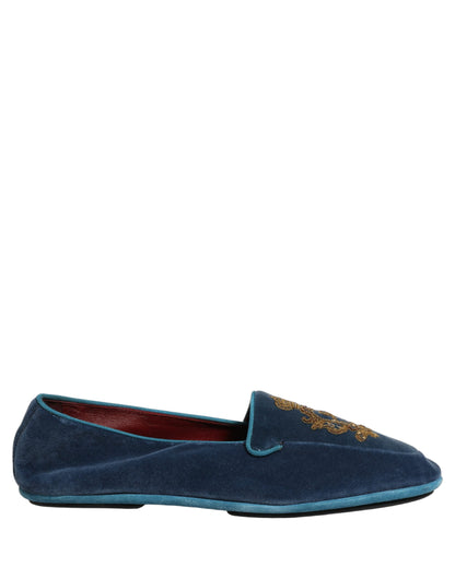 Dolce & Gabbana Blue Velvet Crown Embroidery Loafers