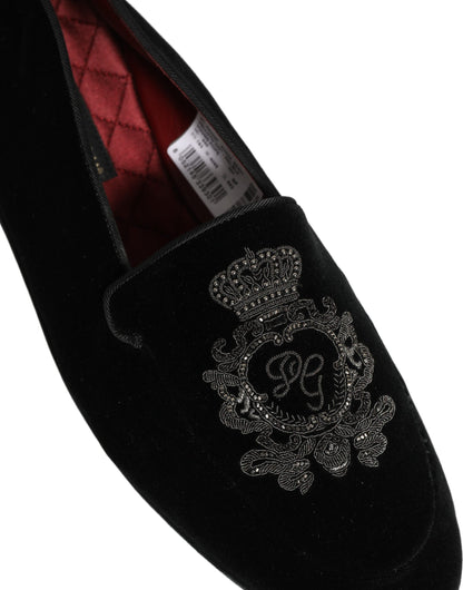 Dolce & Gabbana Black Velvet Crown Embroidery Loafers