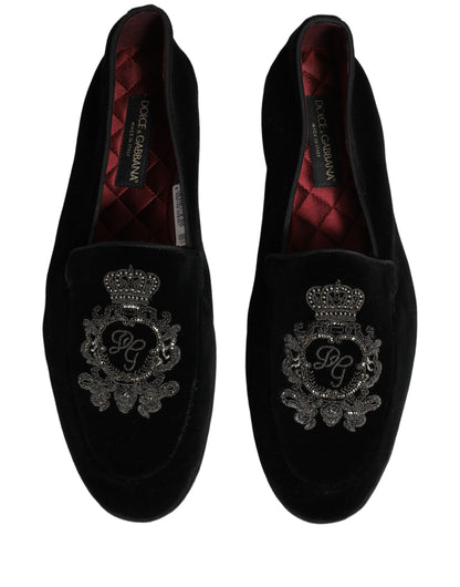 Dolce & Gabbana Black Velvet Crown Embroidery Loafers