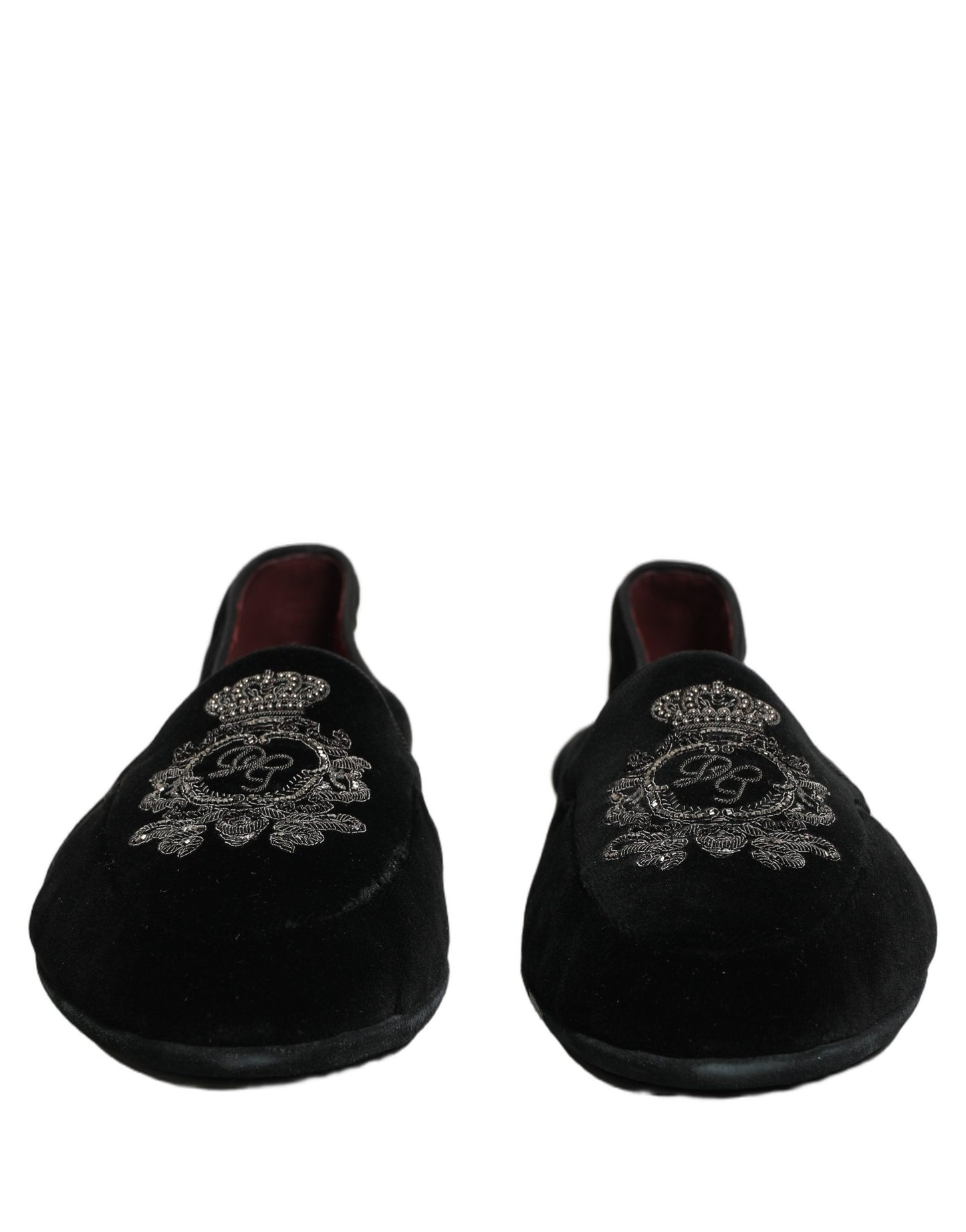 Dolce & Gabbana Black Velvet Crown Embroidery Loafers