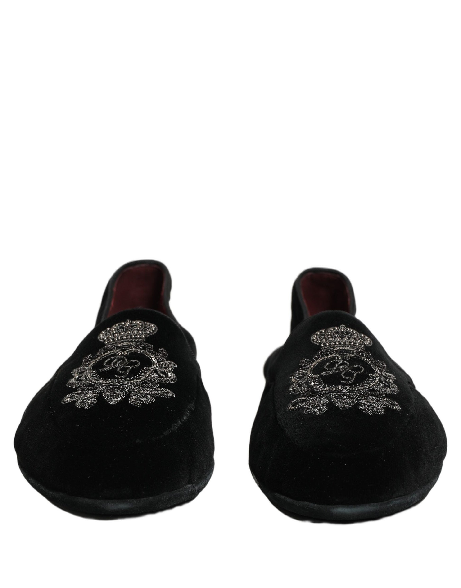 Dolce & Gabbana Black Velvet Crown Embroidery Loafers